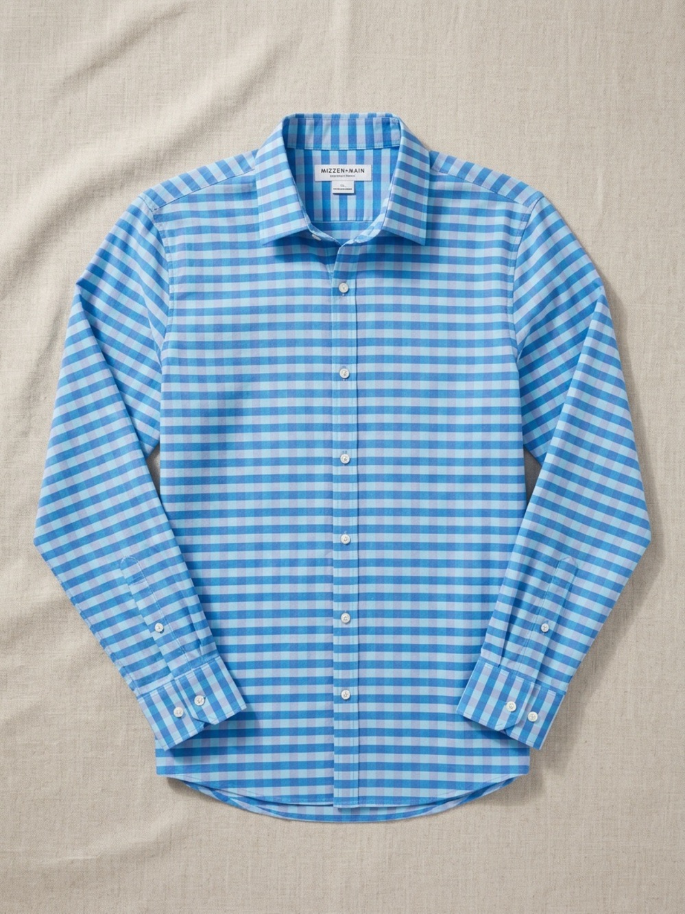 Mizzen + Main Leeward Performance Dress Shirt Trim Fit Blue Gingham Check Medium